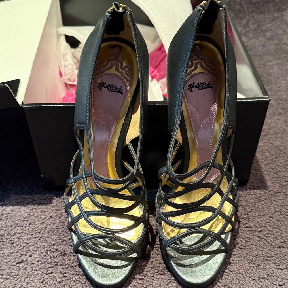 JustFab Black and Gold Strappy Heels